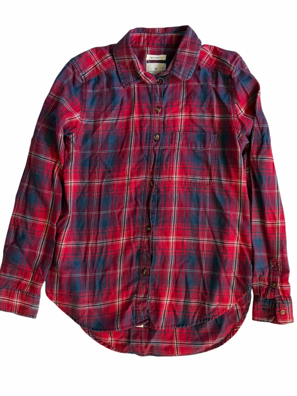 American Eagle Boyfriend Fit Flannel Shirt Womens Small Red Gray Plaid Button Up